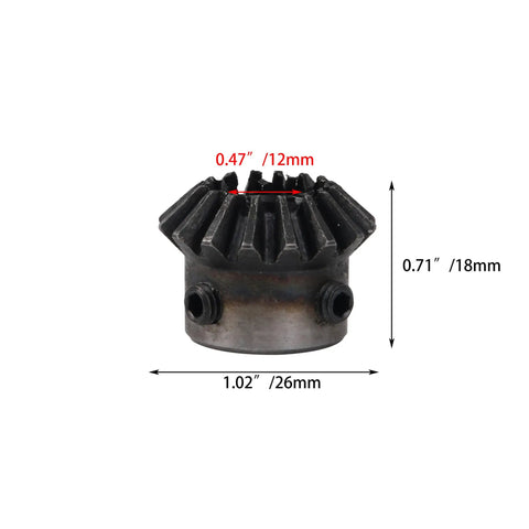 Tapered Bevel Pinion Gear With 12mm Hole Diameter, 45 Steel, 1.5 Module, 16 Teeth, front view showing measurements.