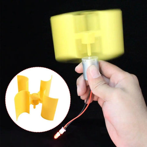 Compact Wind Turbine Kit For Education And STEM Projects shown handheld with yellow blades, small vertical wind generator.