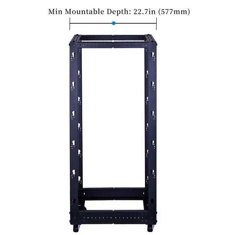 Heavy Duty 25U Open Frame Server Rack With Smooth Rolling Caster Wheels And Adjustable Depth, showing minimum mountable depth of 22.7in.