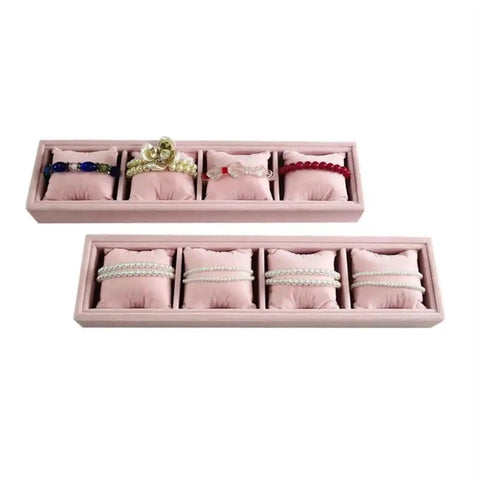 Premium Velvet Jewelry Watch Tray Organizer featuring four spacious grids with soft foam inserts holding bracelets in pink.