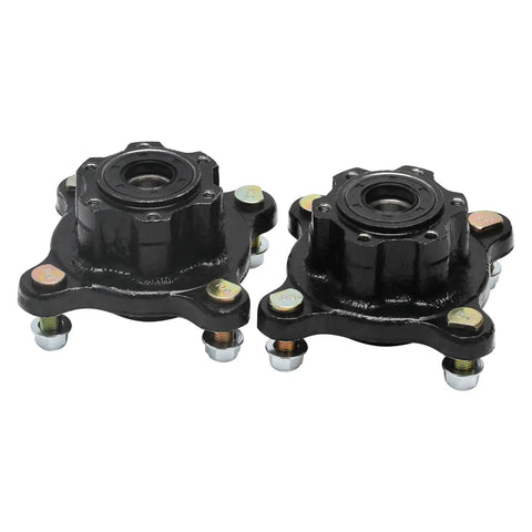 Pair Of Front Wheel Hubs Featuring Bulletproof 17Mm Bearings 4Lug 4X110 Bolt Pattern, black metal with bolts, designed for ATVs.