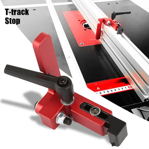 Premium Alloy Steel Miter Track Stop For Type 75 T Track Jigs detailed on a table saw setup for accurate length limiting.