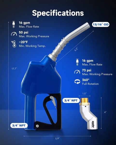 Automatic Fuel Nozzle Kit With Three Quarter Inch NPT Connection Auto Shut Off 360 Degree Hose Swivel, blue nozzle specifications