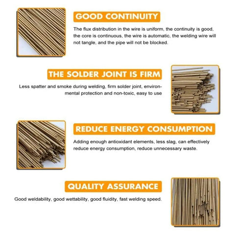 Text highlighting benefits of brass rods, including good continuity, firm solder joints, reduce energy consumption, and quality assurance.