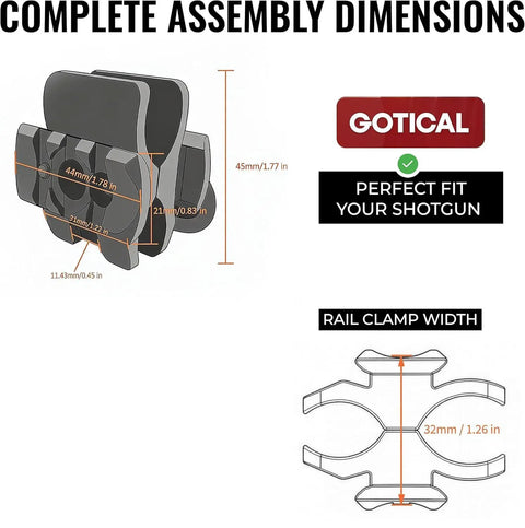 Dimensions of Rugged Shotgun Barrel Clamp Mount With Rubber Pads For 12 Gauge Guns, showing size and structure details.