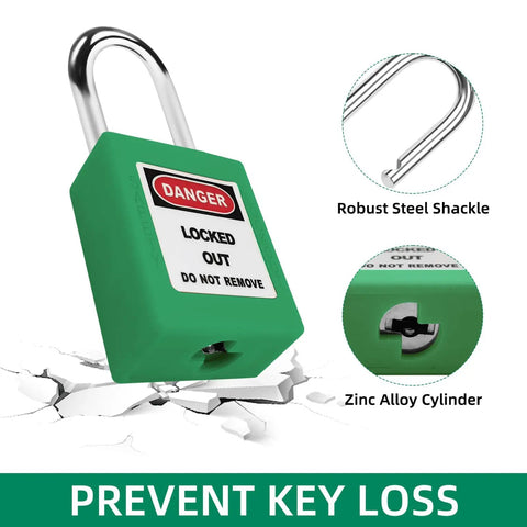 Pro Grade Green Loto Locks Set With Keyed Different Setup For Electrical Lockout Tagout Systems OSHA Approved Safety Padlocks close-up of padlock showing steel shackle and zinc alloy cylinder.