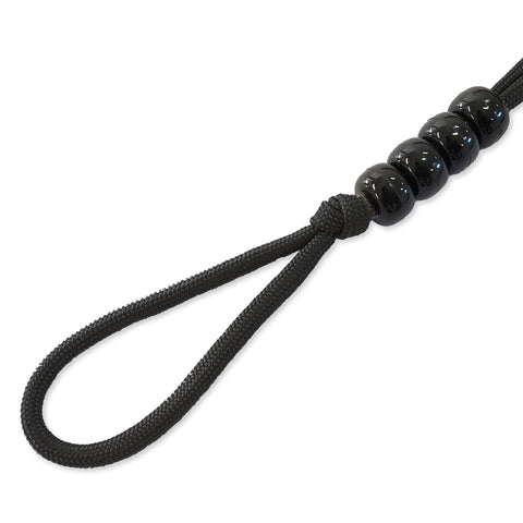 Pace Count Beads For Land Navigation Kit, black rugged nylon cord with beads for hiking and orienteering, close-up view.