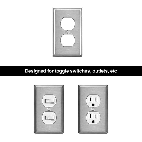 5 Pack Duplex Metal Wall Plates With Protective Film, 1 Gang Standard Size, Built To Last, Corrosion Resistant Stainless Steel Outlet And Switch Covers, Industrial Grade Brushed Silver Finish