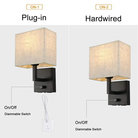 Dope Bedside Wall Mount Light With Dimmer Switch And Two USB Ports, Fabric Linen Shade Wall Sconce, Plug-in and Hardwired options
