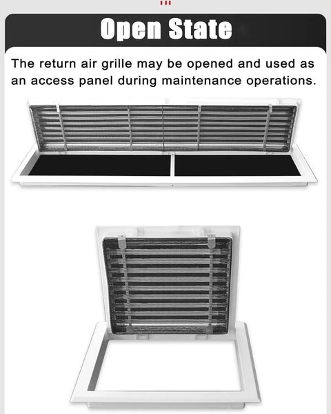 Go To Removable Air Vent Grille Cover With Mesh Louvered Access Panel And White Service Door For Drywall Wiring 18X18 Inch opened showing access panel features.