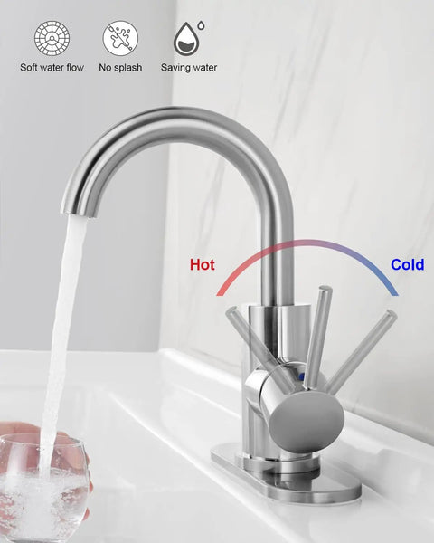 Single Handle Swivel Spout Bathroom Sink Faucet With Pop Up Drain Overflow And Flexible Supply Hose Brushed Nickel Finish Drip Free Ceramic Disc Valve Ideal For Bar Sinks And Small Kitchens shown with water flow