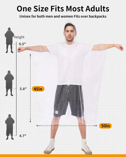 Extra Long Adult Rain Ponchos With Hood, Disposable Waterproof Rain Gear 6 Pack, man wearing clear poncho, size guide