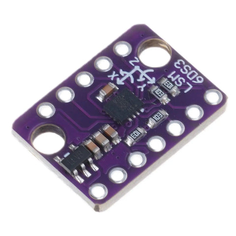 Low Power 6 Axis Motion Sensor Module With Adjustable Range For IoT, Robotics, And Wearables, Dope Accelerometer And Gyroscope Tracking For Real Time Orientation, Vibration Analysis, And Battery Powered Projects. Purple PCB motion sensor module with mounting holes and 6-axis chip