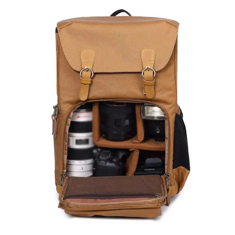 Chic Canvas Camera Backpack For Outdoor Photography Large Capacity Photo Bag with open flap showing padded camera compartments