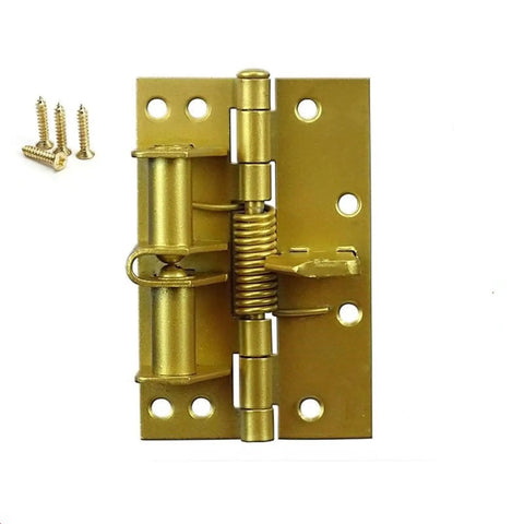 Two Pack Hidden Door Hinges With Spring Self Closing And Silent Hydraulic Buffer for cabinets and windows in steel, gold finish.