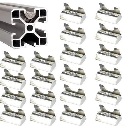 Get Your 20 Pack M8 Shrapnel Nuts For Aluminum Profile Extrusions, featuring 20 sliding nuts for T-slot frames beside an aluminum profile.