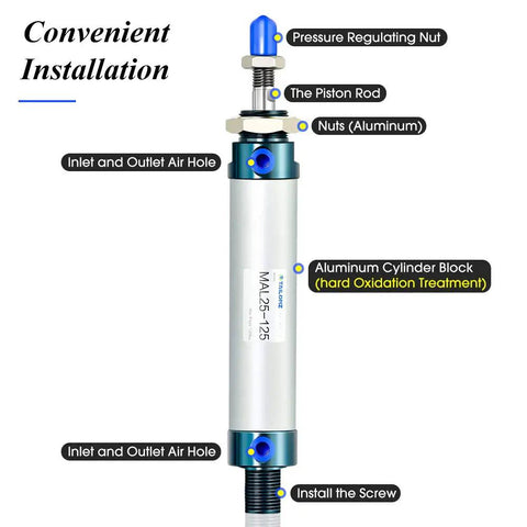 Heavy Duty Built To Last 25mm Bore 125mm Stroke Pneumatic Air Cylinder Double Acting With Port Size 1 8 Aluminum Body Y Connector Adjustable Buffer