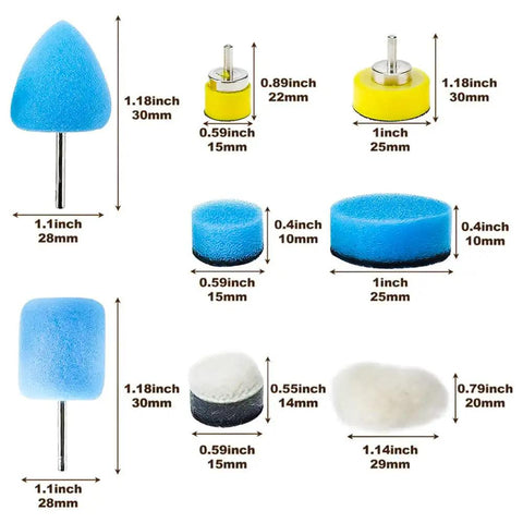 22 Piece Mini Buffing Polishing Pads Kit For Drill And Rotary Tools, foam and wool pads with measurements shown