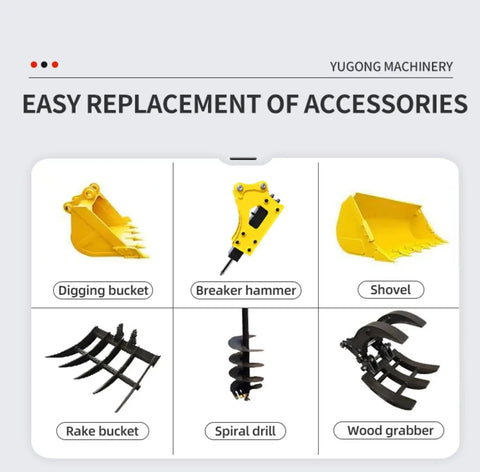 Image showing easy replacement accessories for Durable Compact Backhoe Loader With Front Loader And Excavator Arm including buckets and drills.