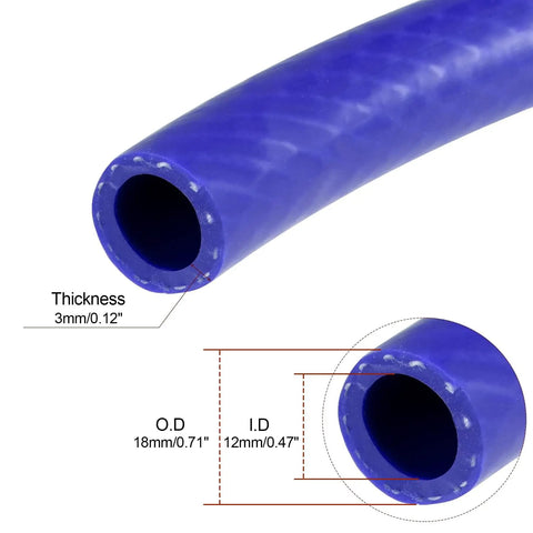 Close-up of blue reinforced silicone vacuum heater hose, showing dimensions, 12mm ID, 18mm OD, half inch by 3.3 feet, 392°F max.