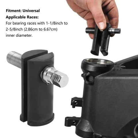 Heavy Duty Motorcycle Steering Stem Bearing Race Removal Tool For Slick Bike Wrenching Top Notch Steel Steering Neck Bearing Puller shown near motorcycle part.