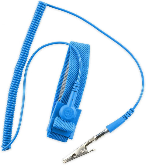 Blue wrist strap and coiled cord from portable ESD grounding mat kit for electronics repair and static protection.