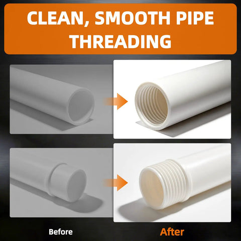 PVC pipe before and after threading using Six Piece Pipe Threader Kit For One Half Inch Three Quarter Inch One Inch NPT Carbon Steel