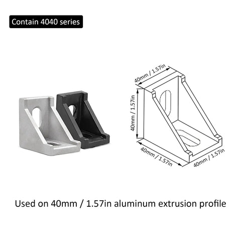 40 Series Aluminum Extrusion Connectors Kit With 4040 Corner Pieces shown with dimensions and two color options
