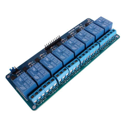 8 Channel 5V Relay Module For Arduino And Raspberry Pi With Low Power Draw, High Current 10A Rating, Easy Plug And Play Interface For Home Automation And Projects, Broad Microcontroller Compatibility, blue PCB with screw terminals