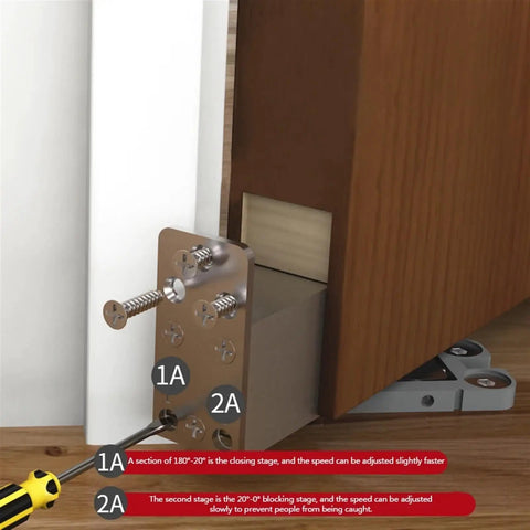 Close-up of Heavy Duty Hidden Door Hinge With Hydraulic Self Closing Buffer and 90 Degree Positioning for Wood Doors.