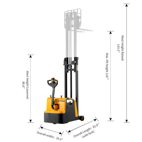 Heavy Duty Electric Counterbalanced Pallet Stacker with 118 inch lift height, designed for efficient warehouse use.