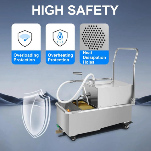 Niakidd Commercial Deep Fryer Oil Filter Machine Stainless Steel Portable Grease Strainer showing safety features like overheating protection.
