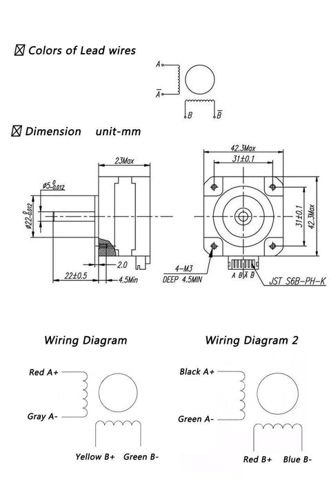 Technical diagram of NEMA 17 stepper motor Titan extruder showing dimensions and wiring.