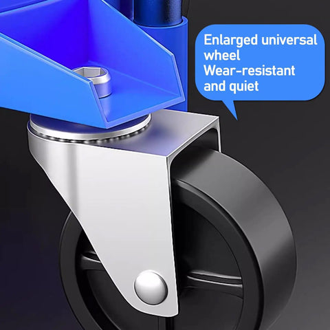 Close-up of enlarged universal wheel on pneumatic grease pump, wear-resistant and quiet, features durable metal bracket.