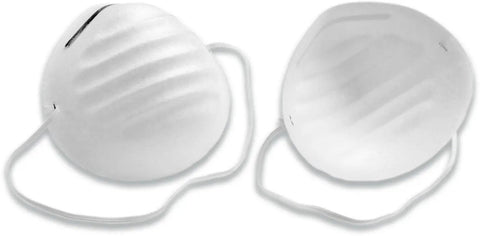 Two disposable dust masks for dust pollen mold and dander, white, lightweight, with nose bridges, shown side by side.