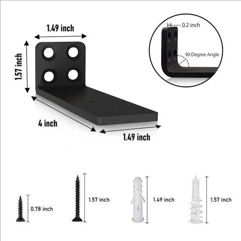 Straight Up Heavy Duty Floating Shelf Brackets 4 Inch Long L Shaped Metal Hidden Wall Mount Supports For Displays And Bookshelves Built Different Stability Clean Black Finish with measurements and hardware.