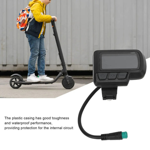 Versatile LCD Display Panel For Electric Bikes And Scooters With USB Interface, shown with durable plastic casing on scooter
