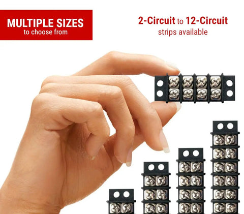 Top Shelf 12 Circuit Screw Terminal Junction Block With Barrier Strips Rated 300 Volts 20 Amps, multiple sizes in hand.