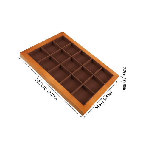Sleek Walnut Jewelry Organizer Tray With 15 Slot Grid For Ring Bracelet Necklace Storage And Display, top view with dimensions.
