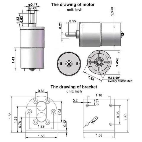 Technical drawing of Low Speed 12V DC Geared Motor with 37mm Gearbox and Mounting Bracket, 10 RPM output, 11.7 kgf cm torque.