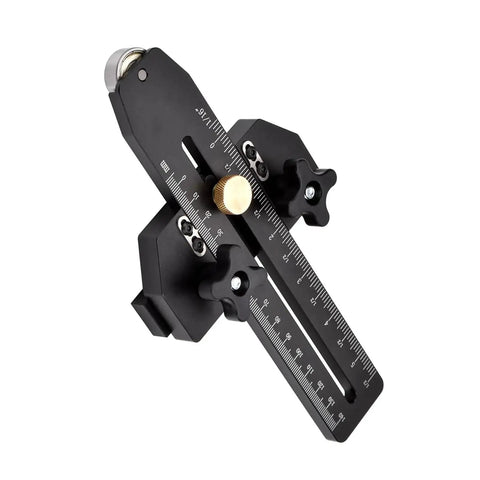 Super Cool Fast Ripping Table Saw Jig Guide For 3/8 In X 3/4 In Slot With Smooth Roller Limiter For Accurate Woodworking On Band Saws And Router Tables Made Of Durable Adjusted Aluminum, side view showing details and adjustment knobs.