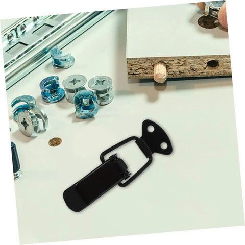 Four Piece Spring Loaded Toggle Clamp Latch Kit for Doors, Windows and Cabinets with screws and black hasp lock clips.