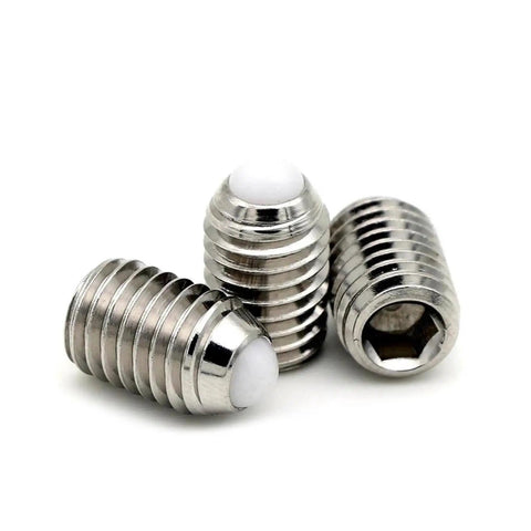 M6x12 Pom Ball Spring Plunger Screw With 304 Stainless Steel Set Screws showing three pieces with white ball tip for toolboxes.