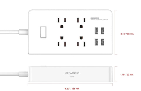 Top view of Eight International Adapters Travel Charging Station With Surge Protector And Four Smart USB Ports dimensions