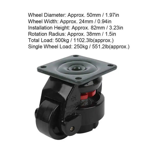 Close-up of a caster from the Four Piece Heavy Duty Ball Bearing Leveling Casters Set For Industrial Use, showing dimensions and load capacity.