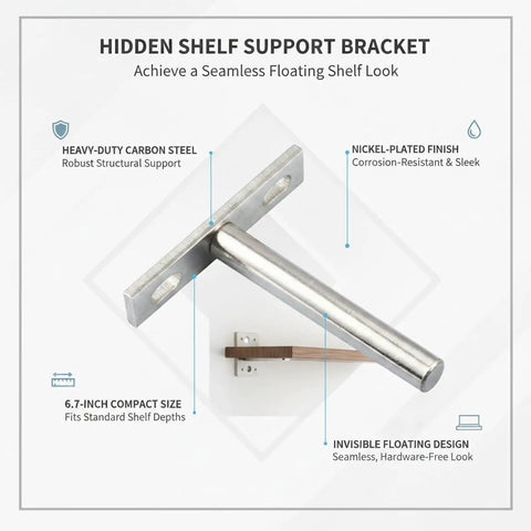 Go-To Hidden Shelf Support Bracket for Floating Shelves, 6.7 x 2.4 x 2.5 Inch Carbon Steel Nickel Plated Wall Mount