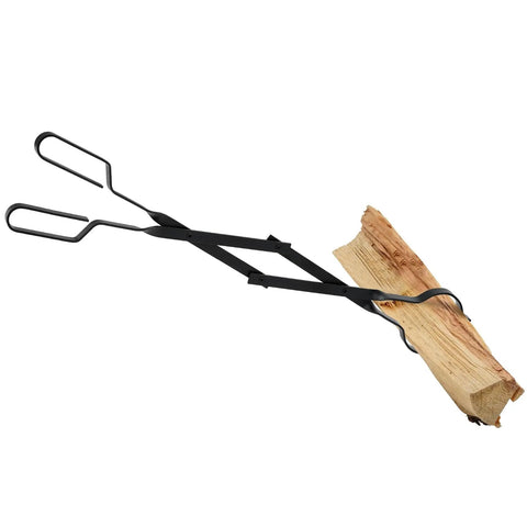 Built Tough Campfire Tongs With Smart Scissor Grip And Powder Coated Steel Frame handling a log, showcasing sturdy steel and scissor grip design.