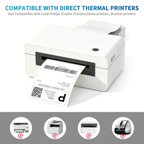 White direct thermal printer printing a shipping label, compatible with Straight Up Premium 4x6 Direct Thermal Shipping Labels Fanfold Paper.