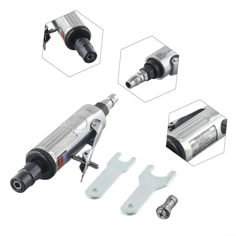 Top Notch Pneumatic Air Die Grinder Kit With Hella Fast Rotation And Sweet Smooth Polishing For Boss Level Metal Mold Grinding and Reliable Shop Tools close-up of tool, aluminum body, includes wrenches and bits.