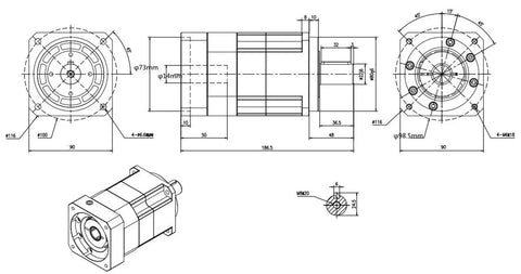 Top Shelf High Precision Helical Planetary Gearbox Speed Reducer Built For NEMA34 Stepper Motors side and front view diagram.